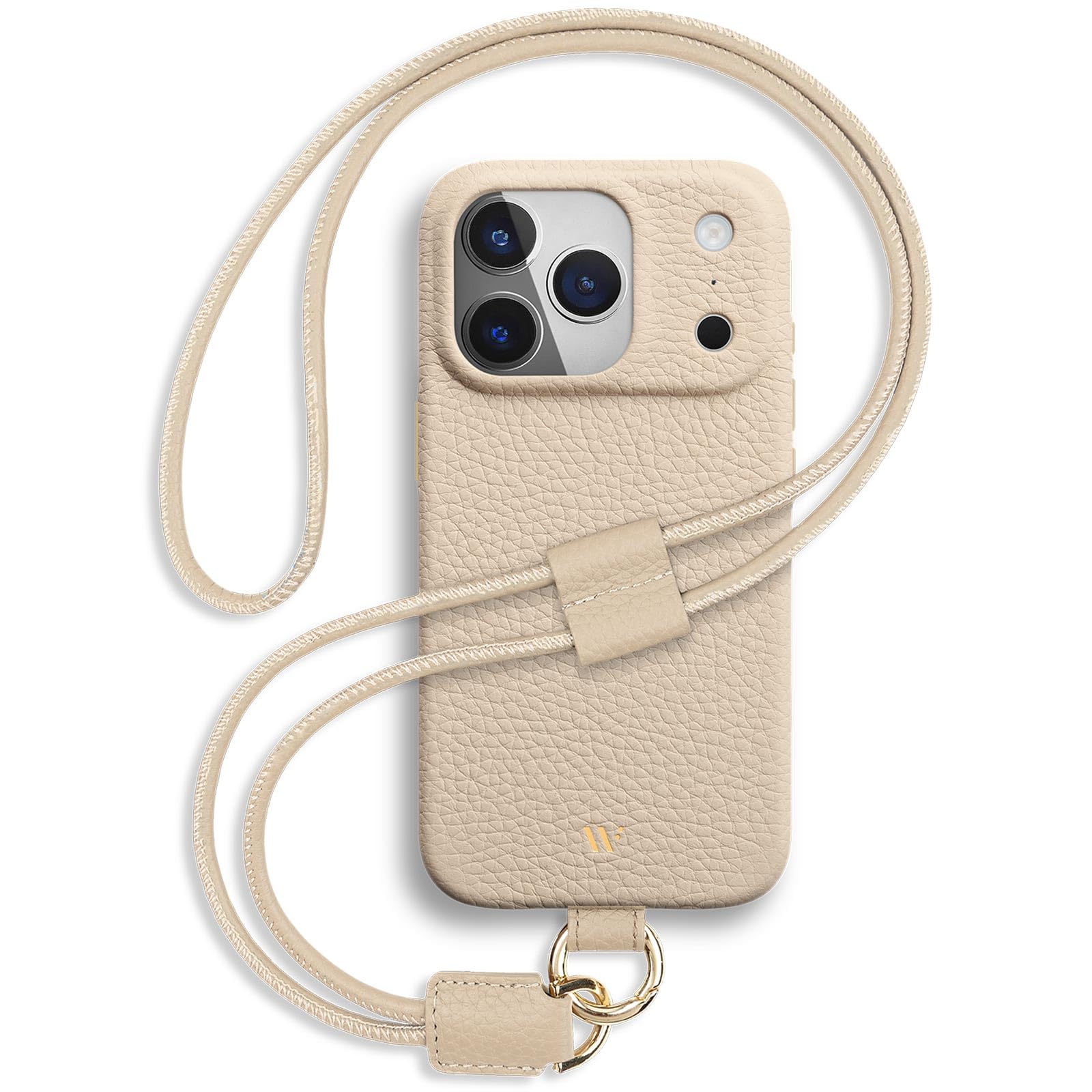 WIIUKA Custodia per iPhone 17 Pro Max, in pelle dalla Germania, in pelle per cellulare, custodia di alta qualità, con catena a tracolla, anello per sci, beige crema