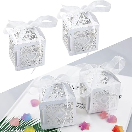 50 PCS Boîtes à Dragées Mariage Blanches 5x5x7cm - Décoration Baptême Anniversaire Avec Rubans
