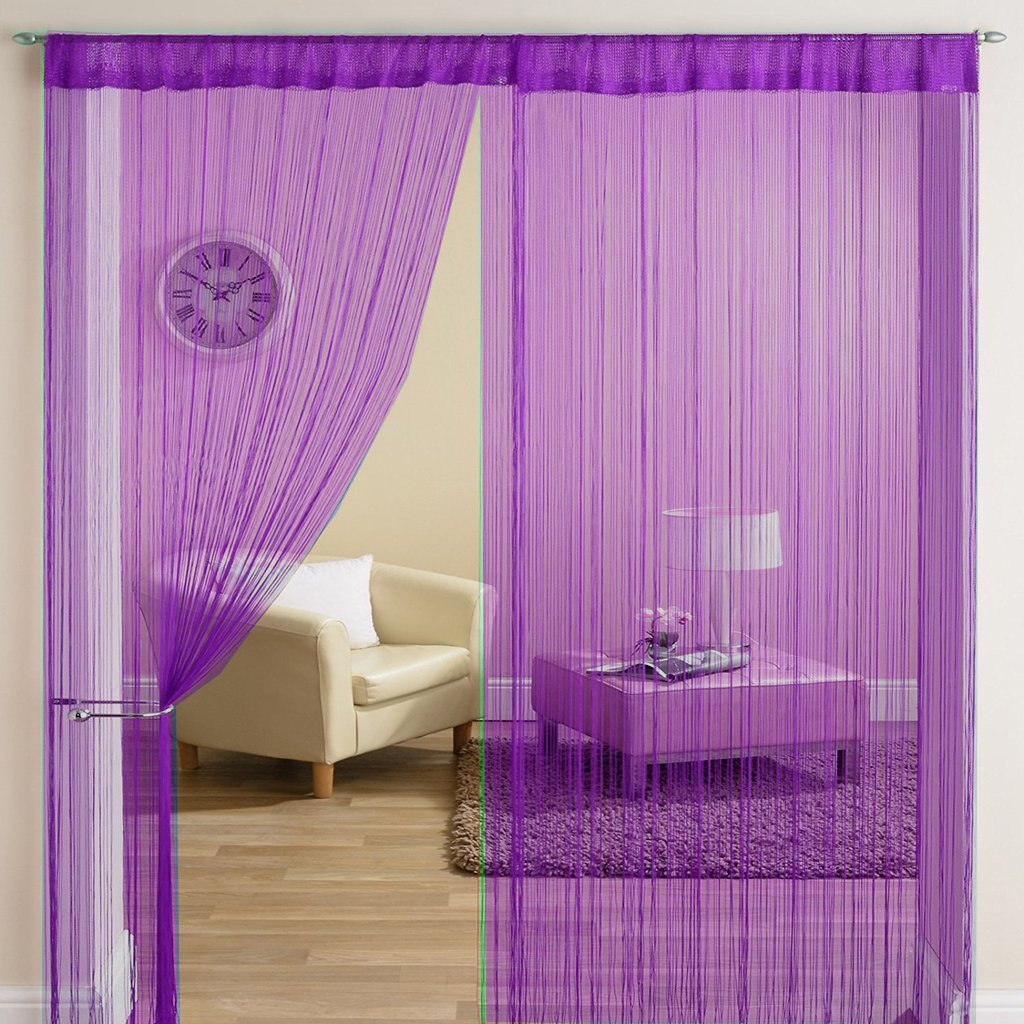 HFI 1 Piece Solid Tabtop Polyester Threads String Curtain - Door - 7 feet, Purple, Semi Transparent Curtain
