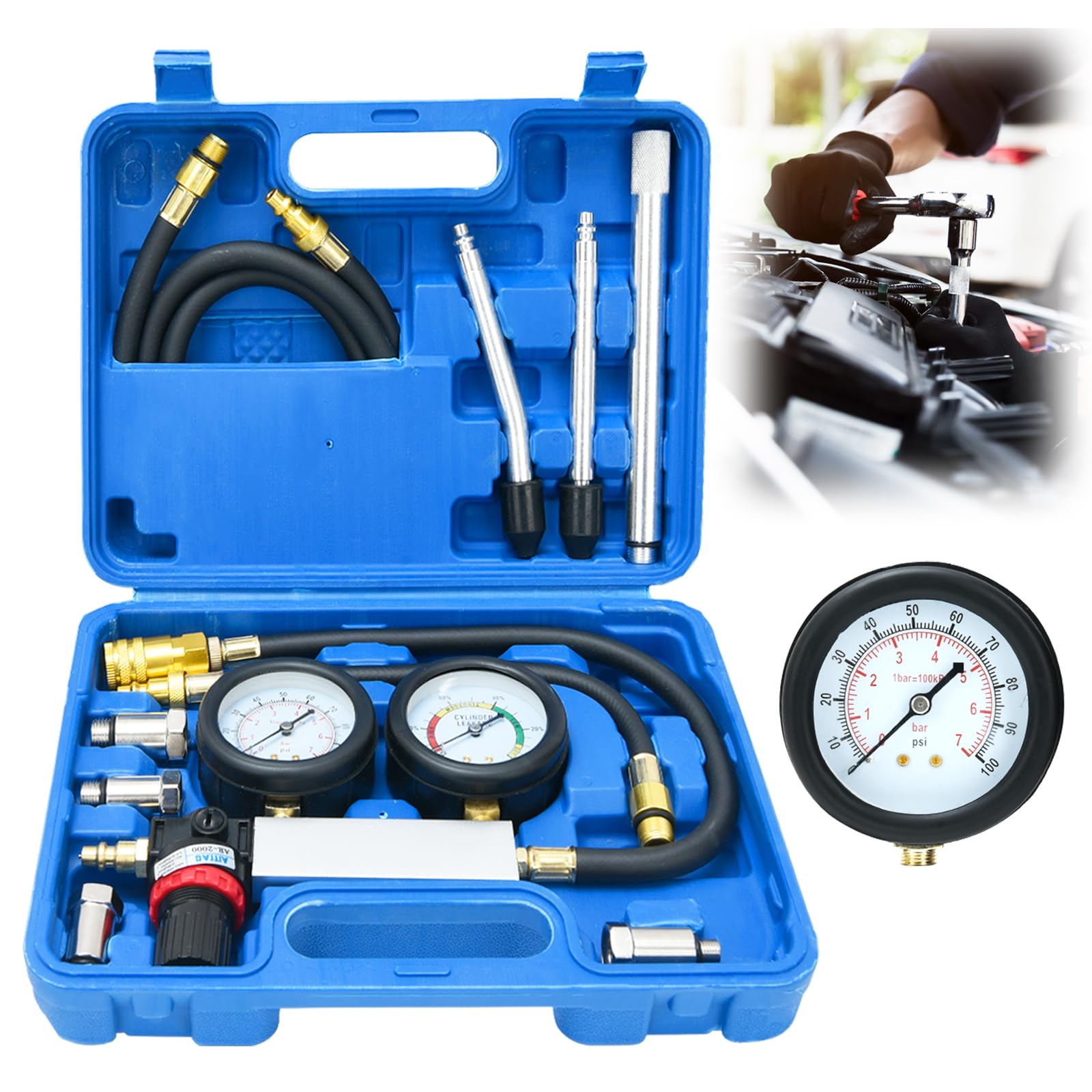TU-21 Set di tester di compressione, kit per tester di perdite di cilindri, kit per auto, rilevatore di perdite di compressione del motore, set di strumenti con asta di prolunga, 0-7 bar e 0-100 PSI