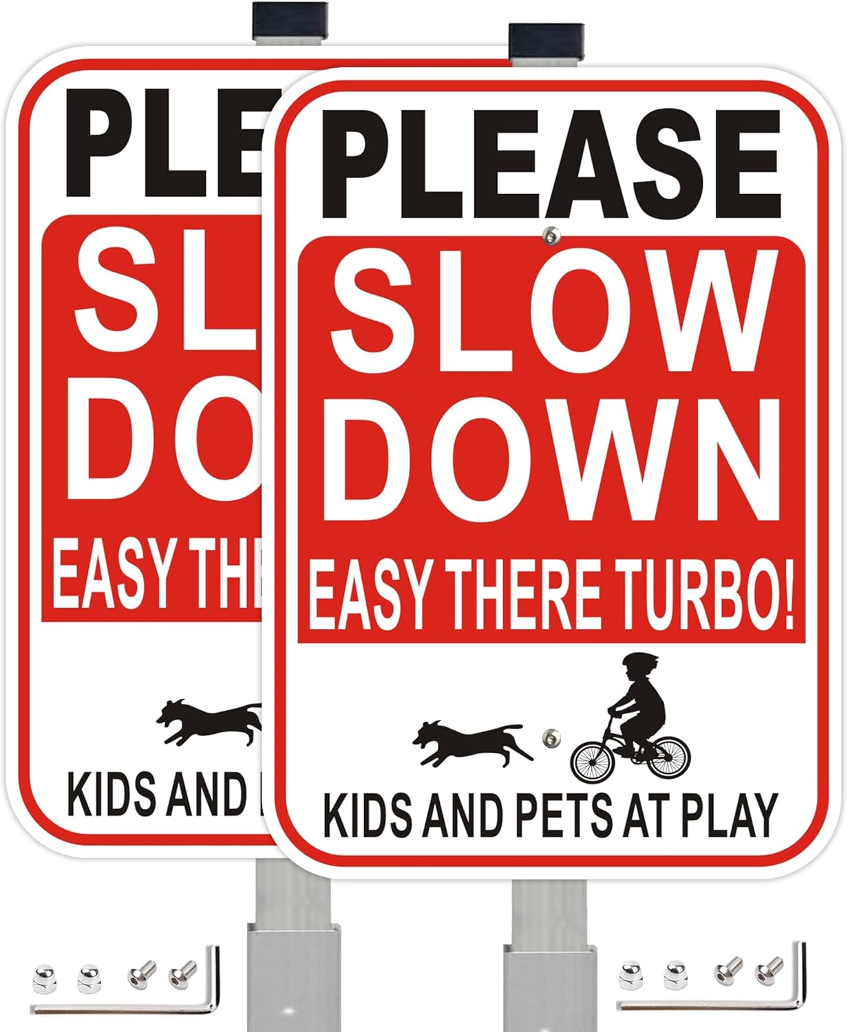 2 Pack Please Slow Down Signs, Kids and Pets at Play Safety Signs with 36-Inch Stakes, 14x10 Inches Reflective Aluminum