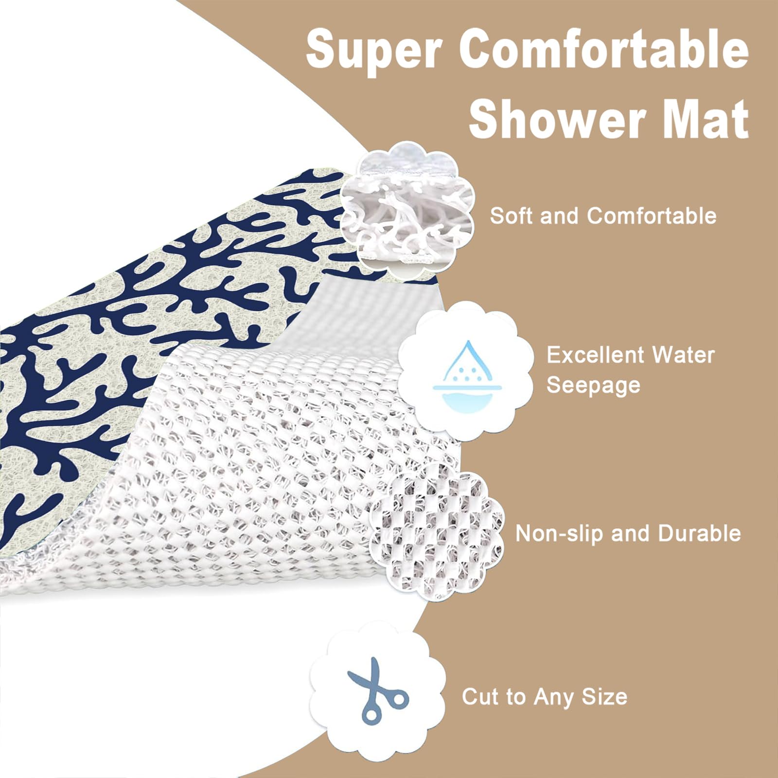 Alfombrilla de ducha antideslizante de 120 x 200 cm con drenaje, almohadillas de baño de lufa suave para ducha interior y zonas húmedas, impresión lavable de secado rápido, almohadilla de bañera