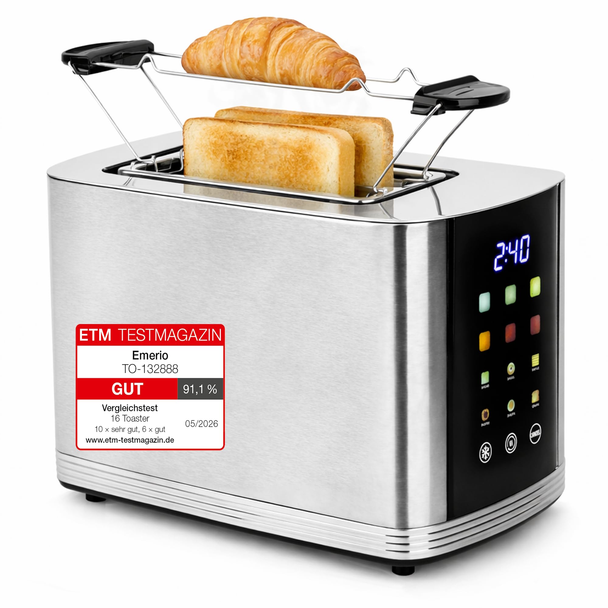 EMERIO TO-132888 Grille-pain en acier inoxydable avec grand écran couleur | Touch | 2 fentes à toast | Centrage automatique | Tiroir ramasse-miettes | Démolition/décongélation/chauffage | 6