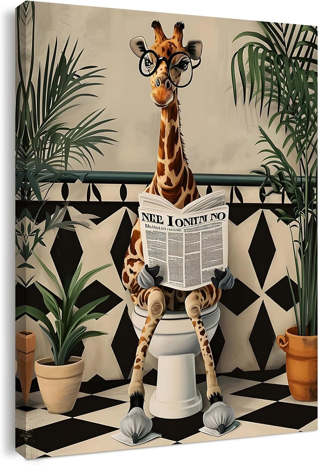 Qiukoo Wall Art Funny Giraffe Toilet Print – Framed Canvas Artwork for Bathroom Pictures and Decor, Waterproof Toilet Wall Art with Frame and Hanging Hooks, 16 x 20 inch