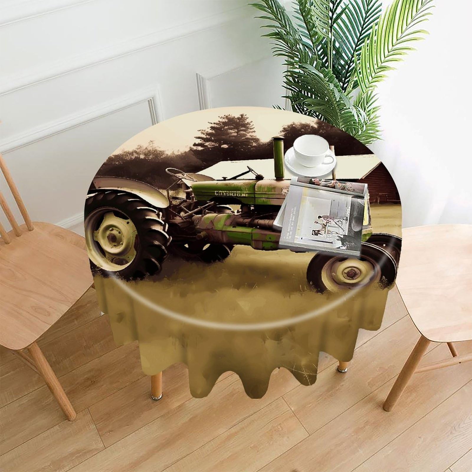 FodPand Old Tractor Photo Farm Round Tablecloth - 60 Inch Premium Polyester Table Cloth, Fashion Wrinkle Resistant Decorative Table Cover for Dining Kitchen Party Buffet Tables