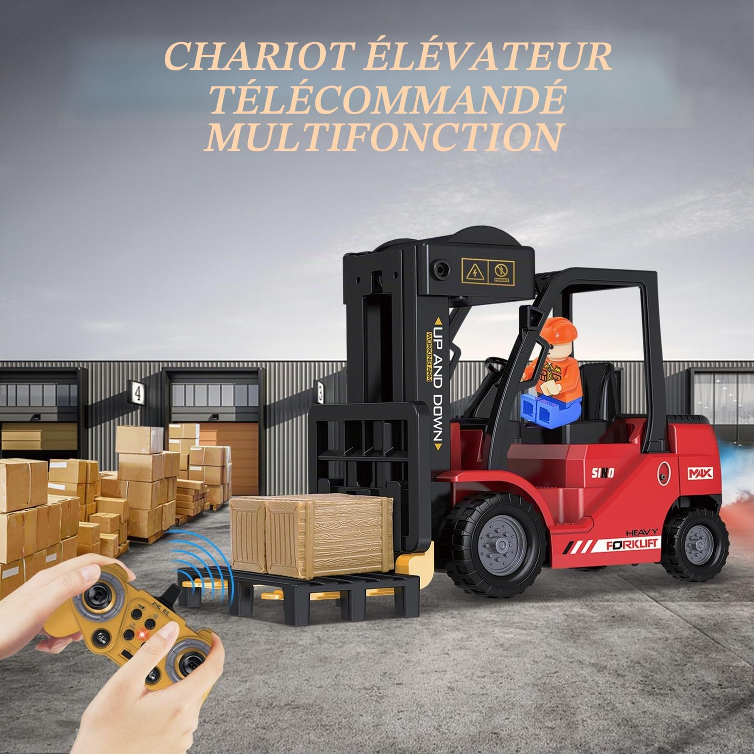 Mostop Chariot élévateur RC, jouet de construction 1/24, avec boîtes/son et spray lumineux, deux batteries rechargeables et chargeur