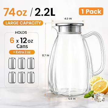 Glass Pitcher with Lid and Handle, 2.2L/74 oz Borosilicate Glass