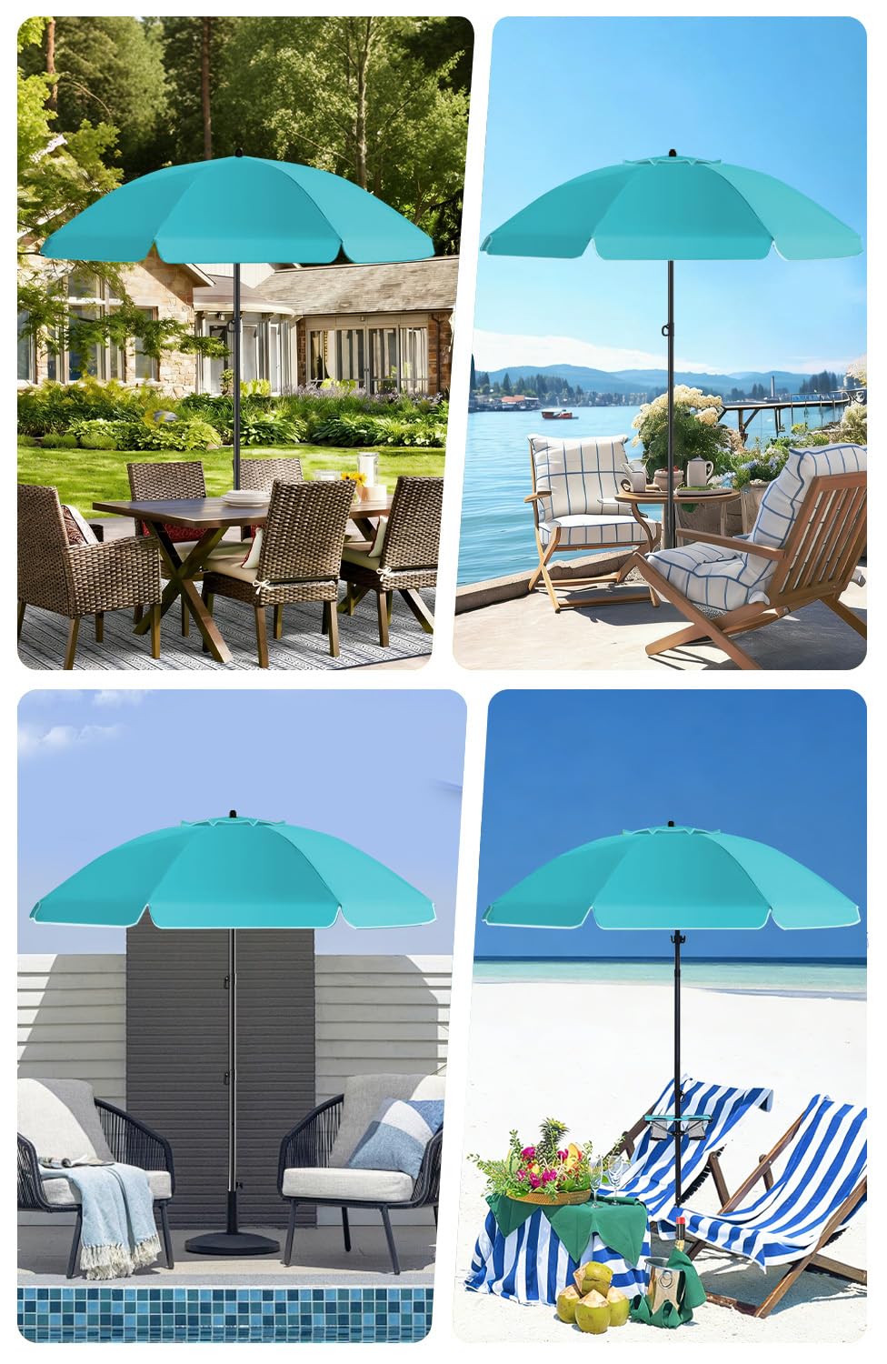 HOMEDEMO Parasol Plage Inclinable avec Revêtement Argenté, UV50+, avec Pieds de Parasol de Plage à hélice à Visser & Housse de Protection, pour Terrasse, Piscine, Marché, 200cm, Turquoise