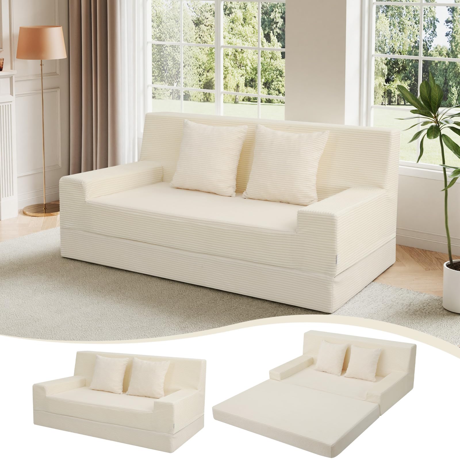 MeMoreCool Boneless Folding Queen Sofa Bed Corduroy Convertible Futon Sleeper Couch with Foam Core Pillow Washable Cover Space-Saving
