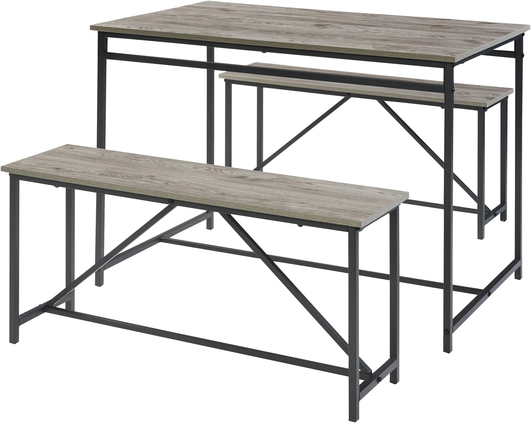 Panana 3 Piece Dining Room Table Set 43 Inch Kitchen Table with Two Benches Breakfast Table Top with Sew Kerf Finish Metal Frame Dining Room Home (Black-Grey)