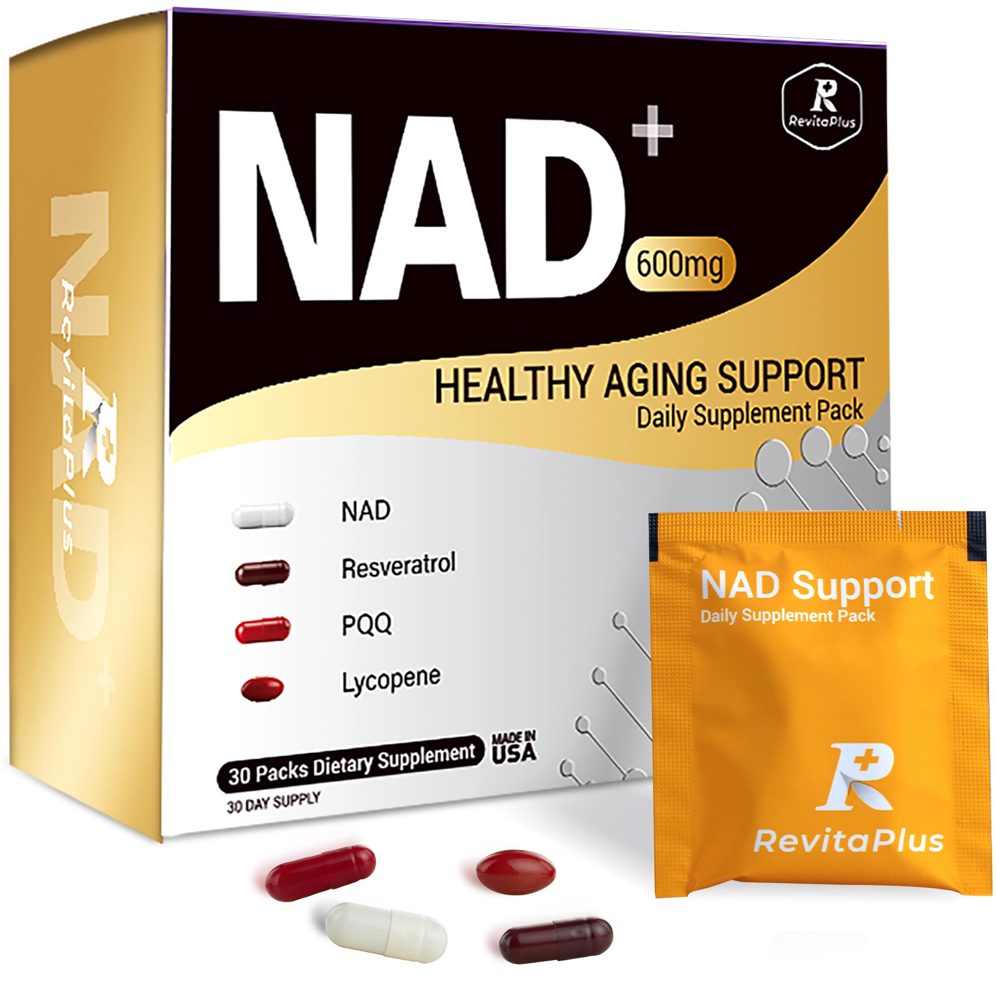 RevitaPlus Natural NAD+ Supplement Daily Pack for Women & Men 30 Packs 1 Box