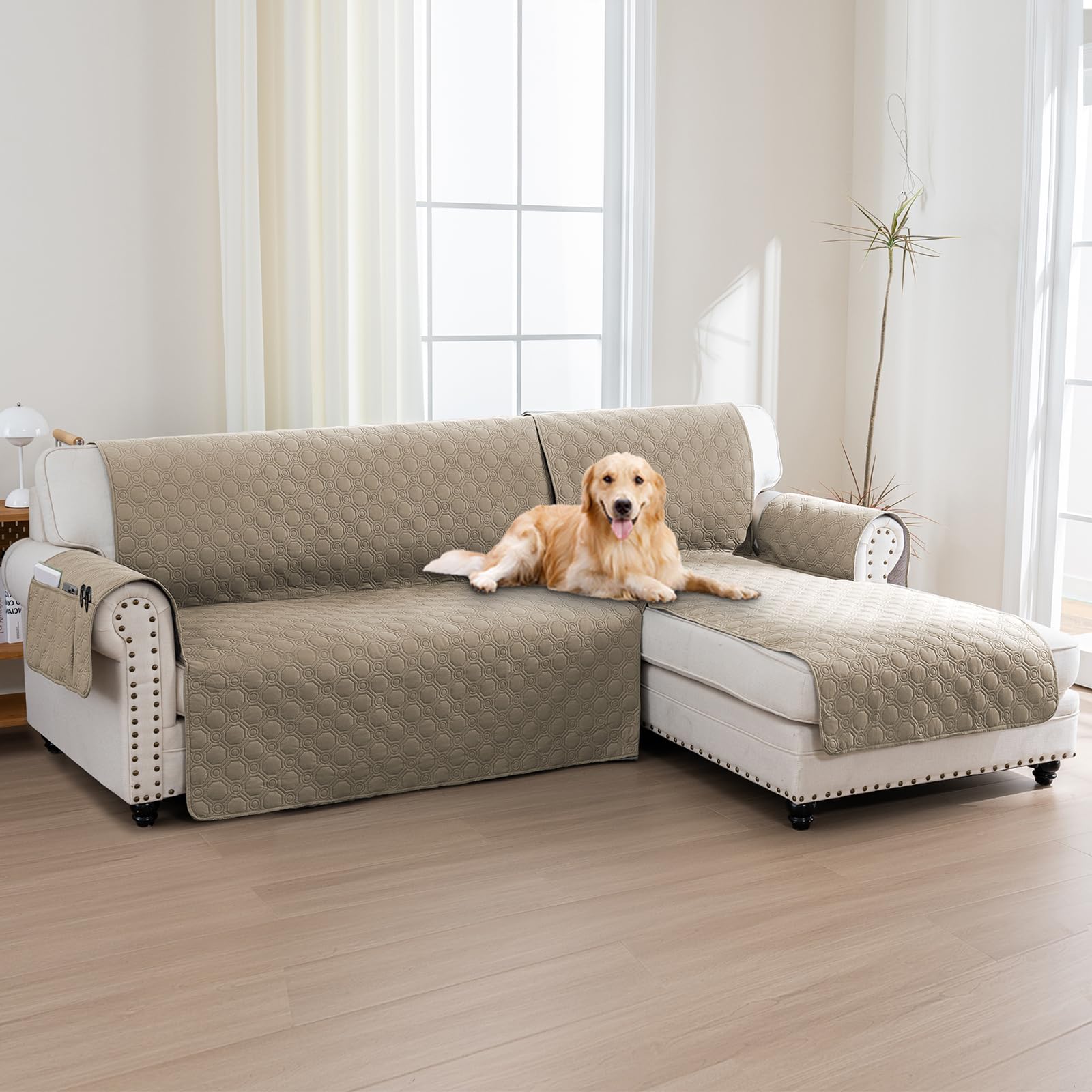 BellaHills 100% Impermeabile Copridivano 3 Posti con Penisola (Seduta 247cm), Copridivano Penisola Destra, Copridivano Antigraffio Indispensabile per Animali Domestici, Taupe