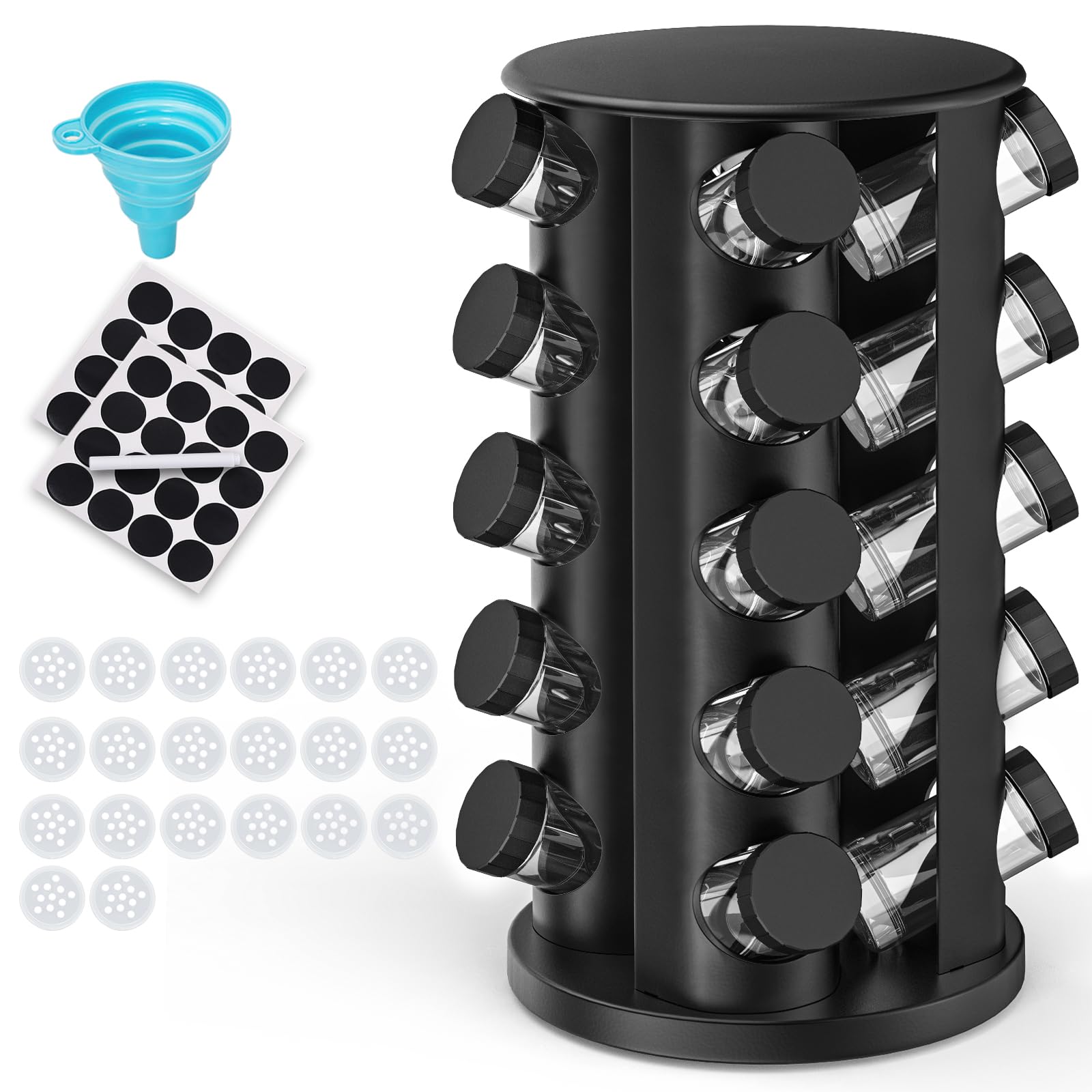Estante giratorio de especias con 20 vasos de especias,Acero inoxidable | Estante giratorio, Con pegatinas, Funda plegable, Para placa de trabajo o armario