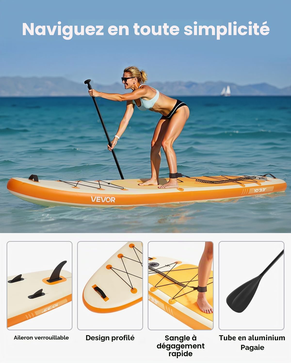VEVOR Planche de Paddle Sup ultralégère 305/323/335/354 cm, Tous Les Accessoires Inclus, Pompe, pagaie, Palme, Sac à Dos, Sangle de Cheville, Sangle, Pont antidérapant