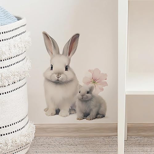 Miniatura 2 de Calcomanías de pared con diseño de conejo, diseño de conejitos blancos de sacinora con dibujos animados, vinilo extraíble para niños, guardería,