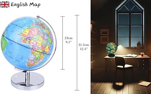 Miniatura 3 de Exerz Globo del mundo iluminado con base de metal de 9.1 pulgadas de diámetro, mapa político (día) globo de constelación (noche) - Lámpara LED 2 en