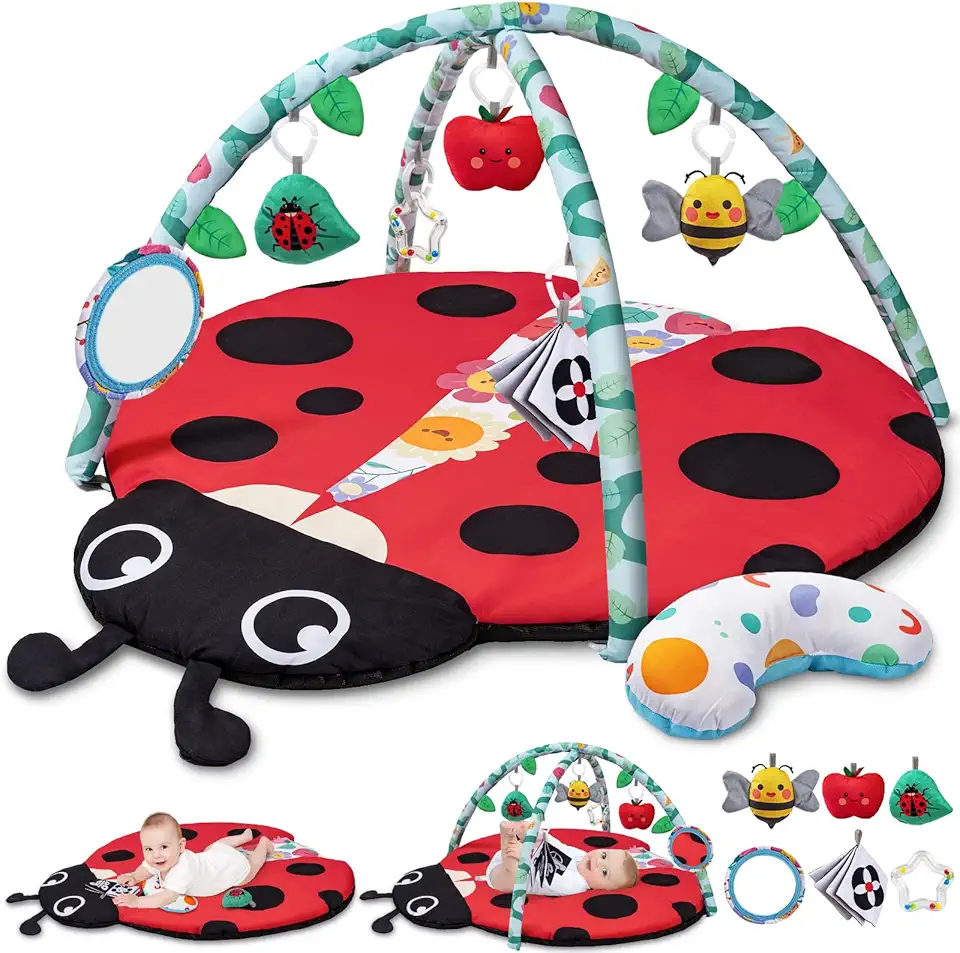 Jyusmile Baby Play Gym Mat, 8-in-1 Tummy Time Mat with 6 Toys, Washable Baby Activity Mat for Visual, Hearing, Sensory, Motor Development, Baby Essentials Gift for Newborn Infant 0-3-6-9-12 Months