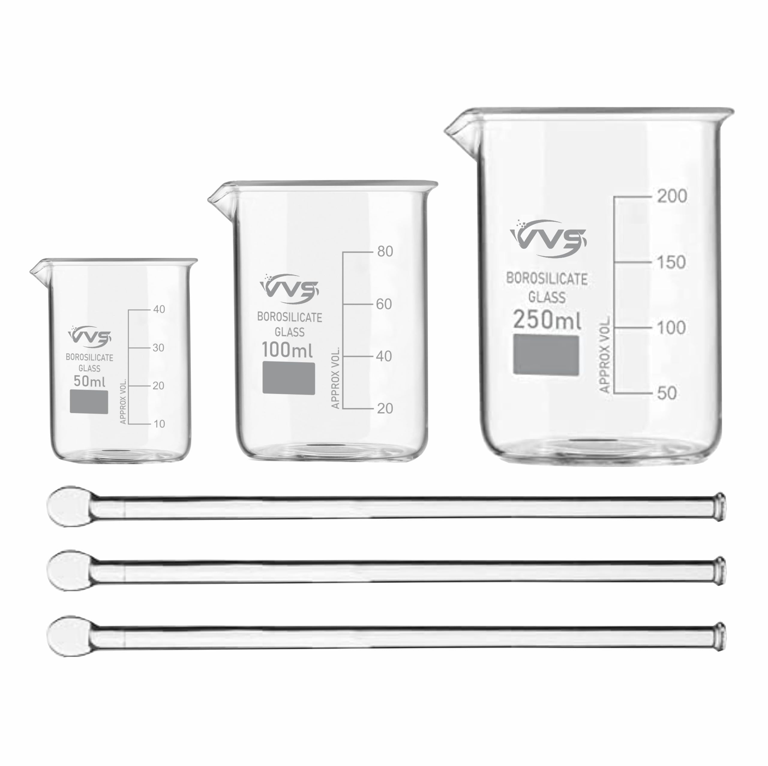VVS Borosilicate 3.3 Glass Beaker 50ml, 100ml, 250ml With Flat Stirring Rod 200mmX6mm 3pcs Pack of 6 For School College Lab Laboratory Etc and professional use-image-37