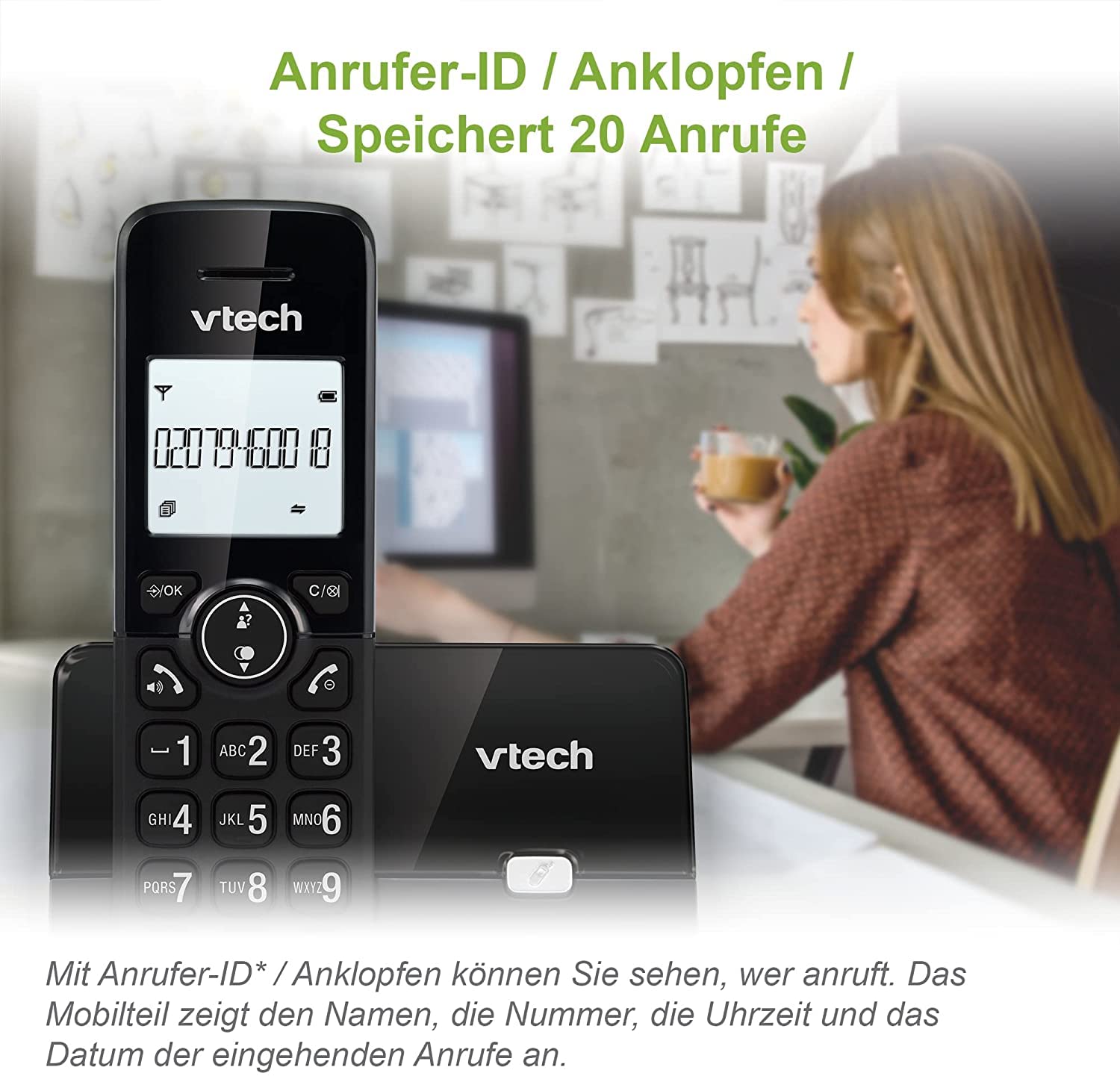 VTech CS2000 schnurloses Telefon, ECO+ Modus, Festnetztelefon, schwarz, Anrufsperre, Freisprechfunktion, große Tasten, Zwei Zeilen Display