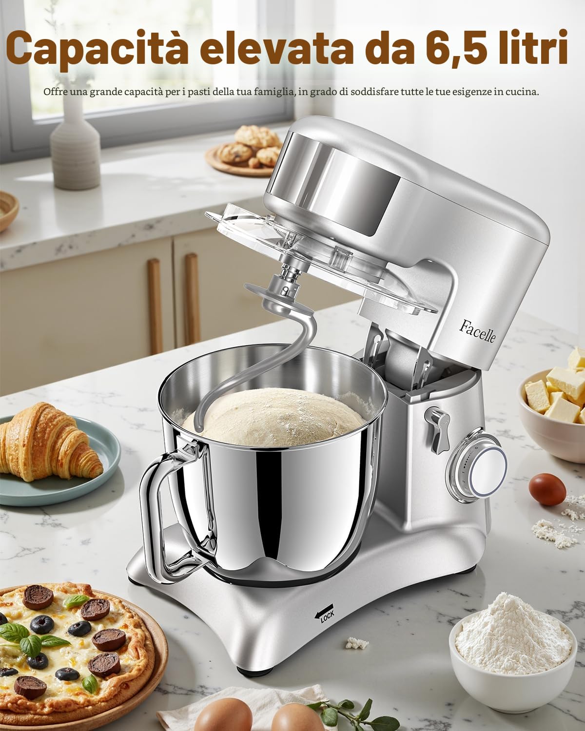 Facelle Impastatrice Planetaria, 1300W, 6,5 Litri Ciotola in Acciaio Inox, 10 Velocità, Pulse, Robot Da Cucina Multifunzione, Pane, Pizza e Dolci
