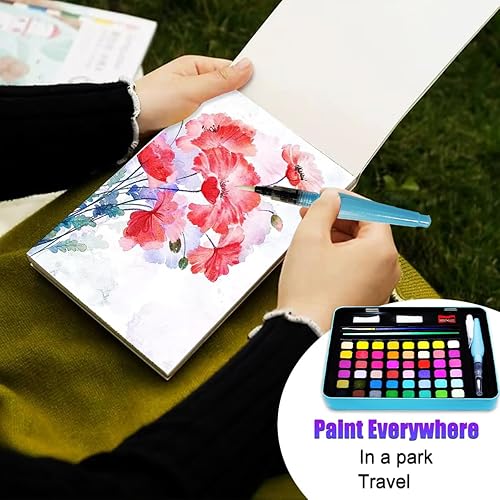 Miniatura 3 de JUNQIU - Juego de pintura de acuarela, 48 colores en caja portátil, juegos de acuarela, pinceles, bolígrafos de pincel de agua, papeles de acuarela
