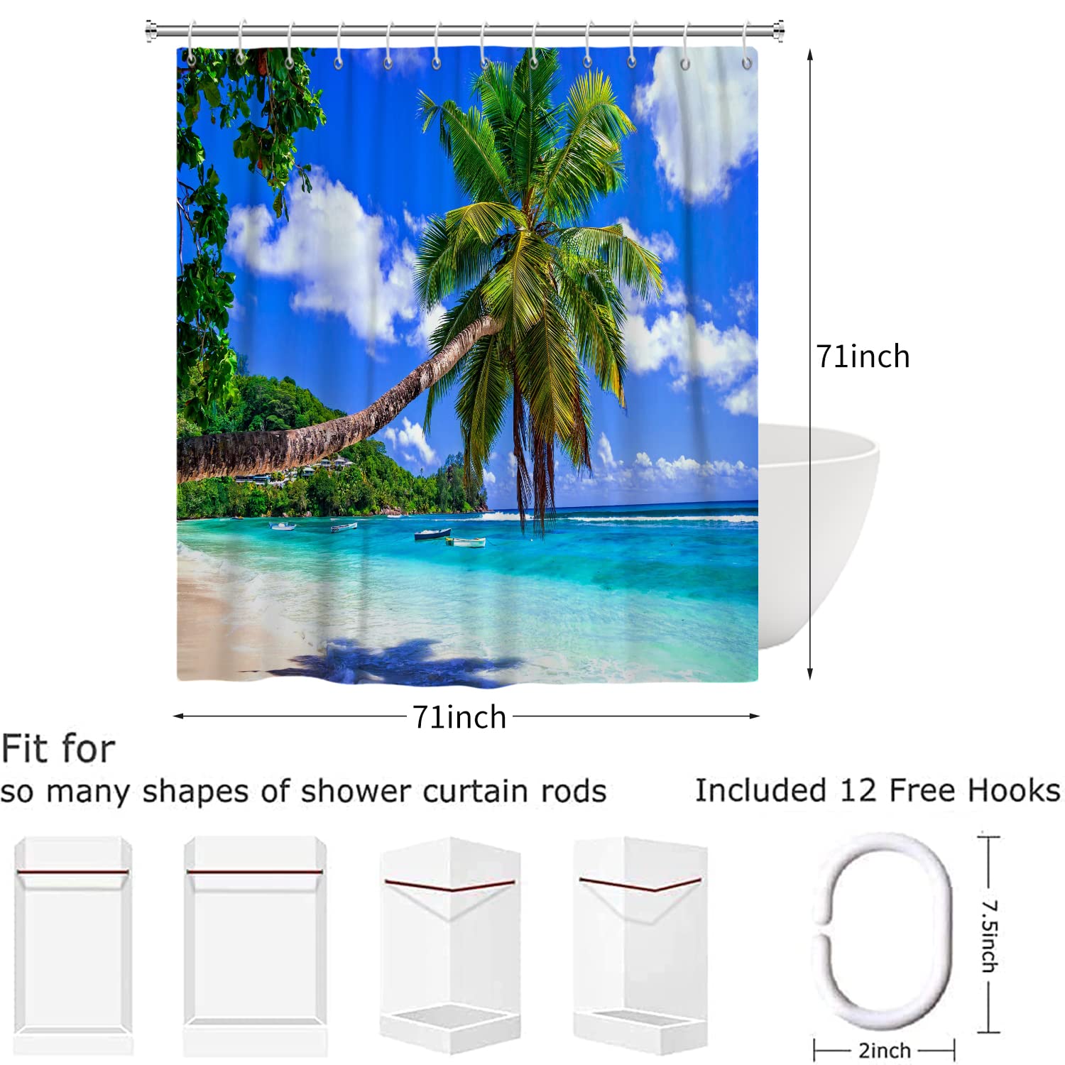 Hawaii Duschvorhang Mit 12 Haken – Palmen & Seevögel Motiv, 183x183 Cm, Wasserdicht, Polyester