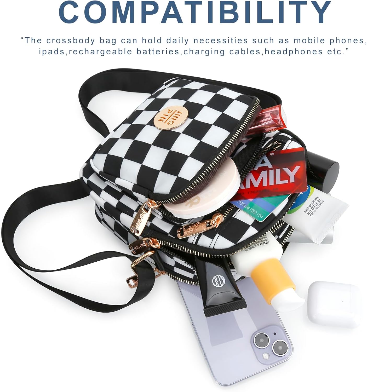 DOB SECHS Checkered Purse for Women Crossbody Bag Multi-pockets Small Messenger Bags for Travel Shoulder Bag Plaid Purse, Black and White Checkboard - Image 6