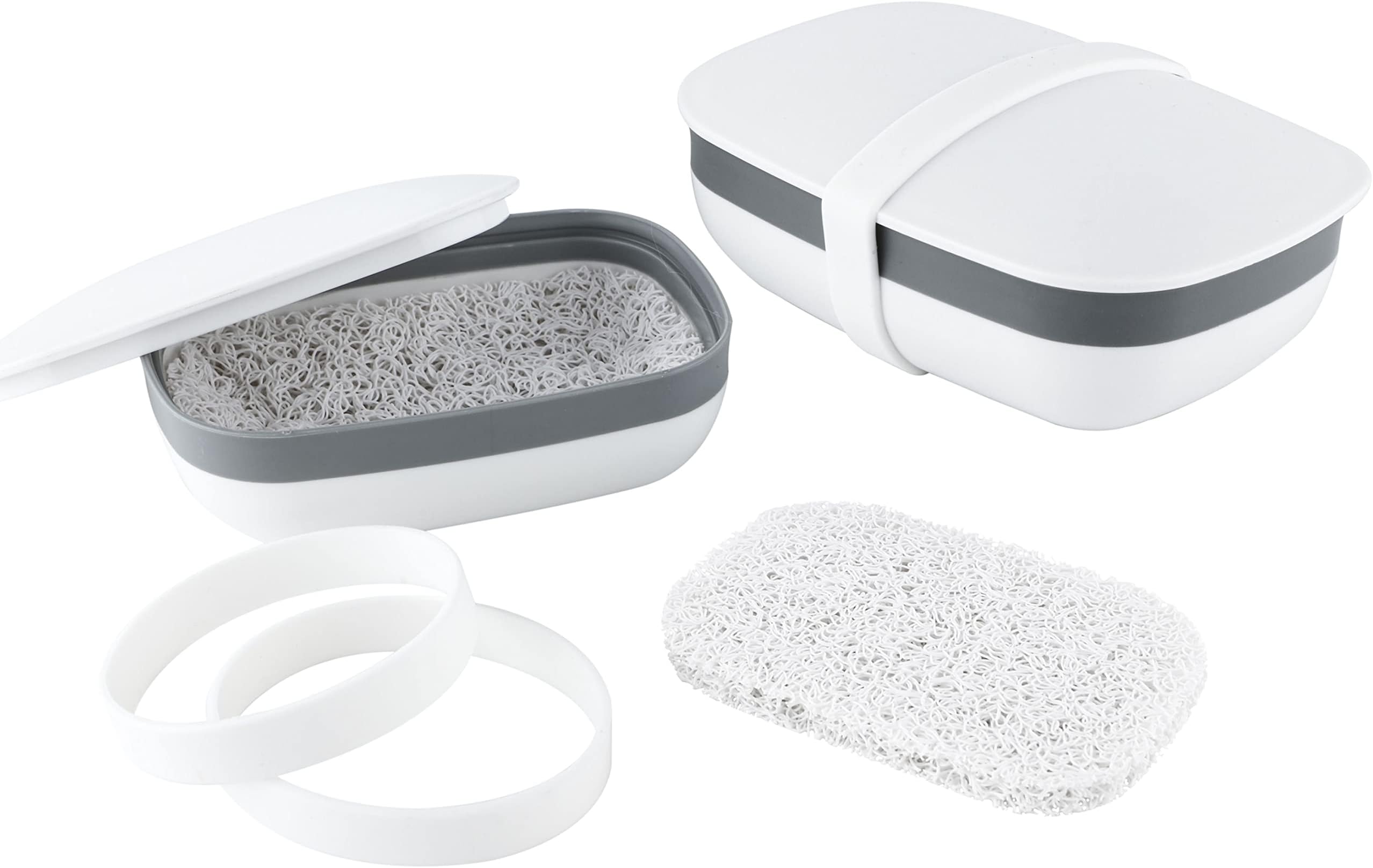 Snowkingdom 2 Pack Travel Soap Holder Container with Silicone Band & Soap Saver Set, Strong Sealing Leak Proof Portable - White
