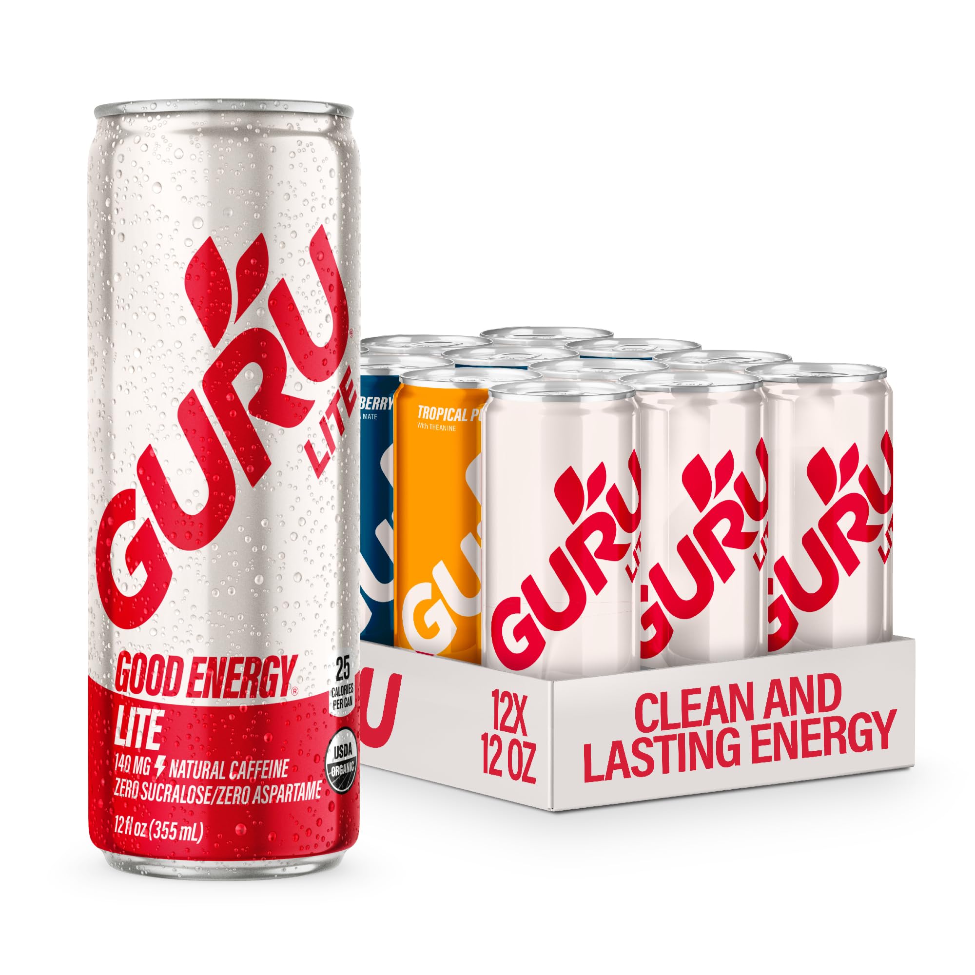 - GURU Organic Energy Drinks Variety Pack, Clean Energy Drink with Plant Based Natural Caffeine from Green Tea, Gluten Free and Vegan, 140MG Caffeine, Healthy Drinks, 12 oz (Pack of 12)