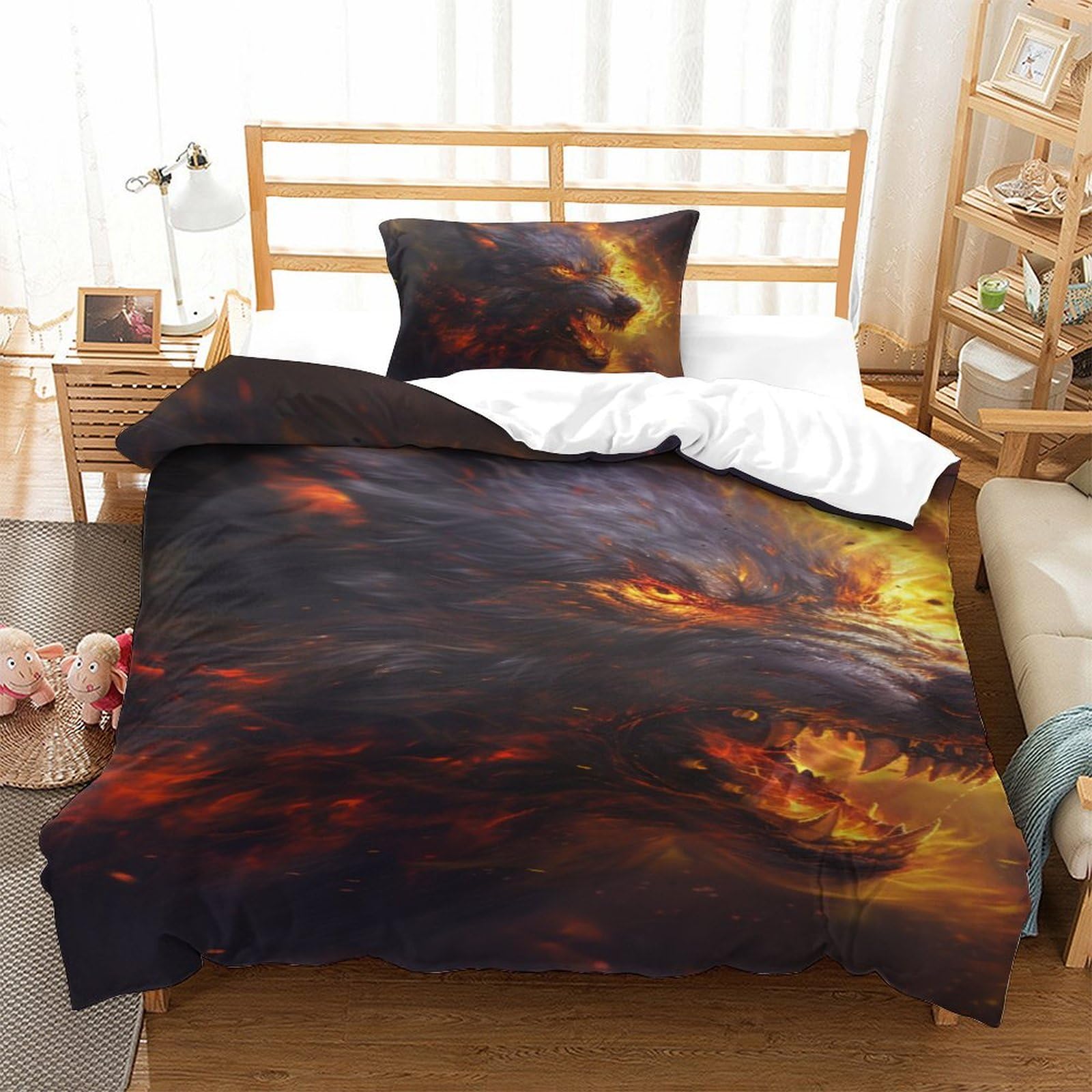 Housse de couette loup 3D en microfibre respirante lit simple 135x200