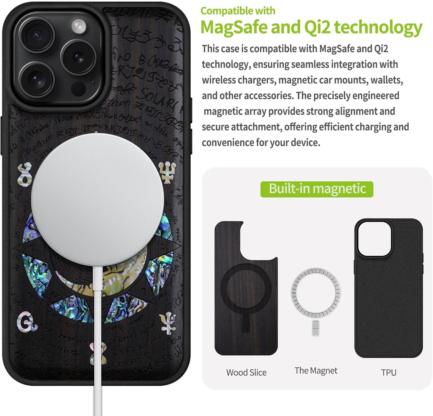 Carveit Magnetic Case for iPhone 16 Pro Max Case, Wood Artisan Engraved & Handmade Shell Inlaid, TPU Shockproof Cover, Compatible with MagSafe Wireless Chargers (A Manuscript Enigma-Blackwood)