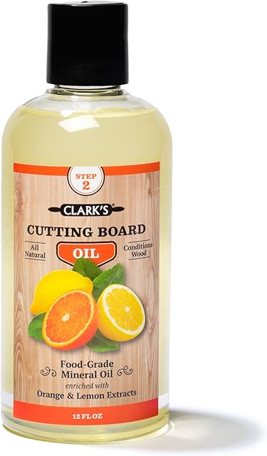 Chopping Board Oil (12oz) by CLARK'S - Enriched with Lemon & Orange Oils - Food Grade Mineral Oil -Chopping Block Oil & Conditioner