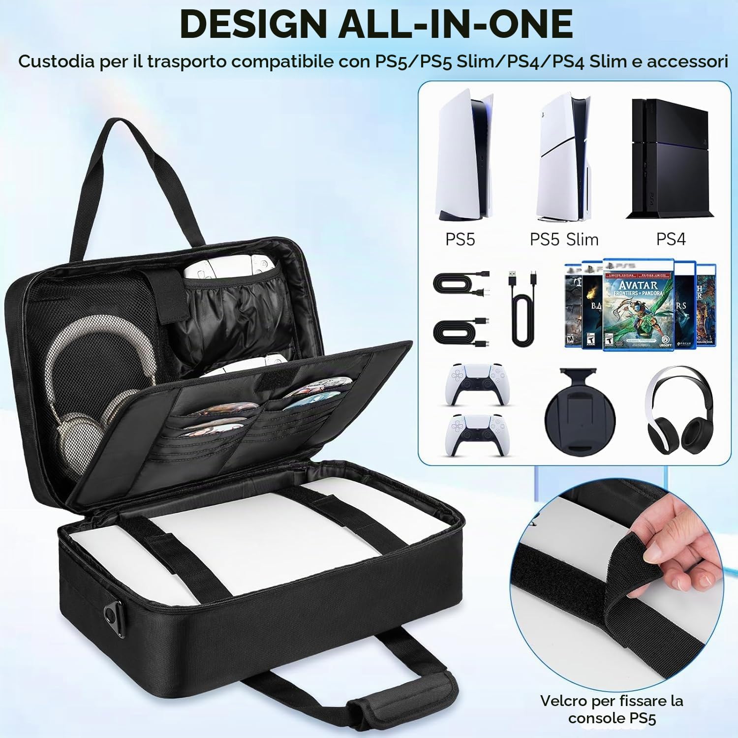 Custodia da trasporto per PS5 PRO/PS5/PS5 Slim, borsa protettiva da viaggio adatta per console PlayStation 5, controller, dischi di gioco e accessori da gioco, Nero , Organizer per borse