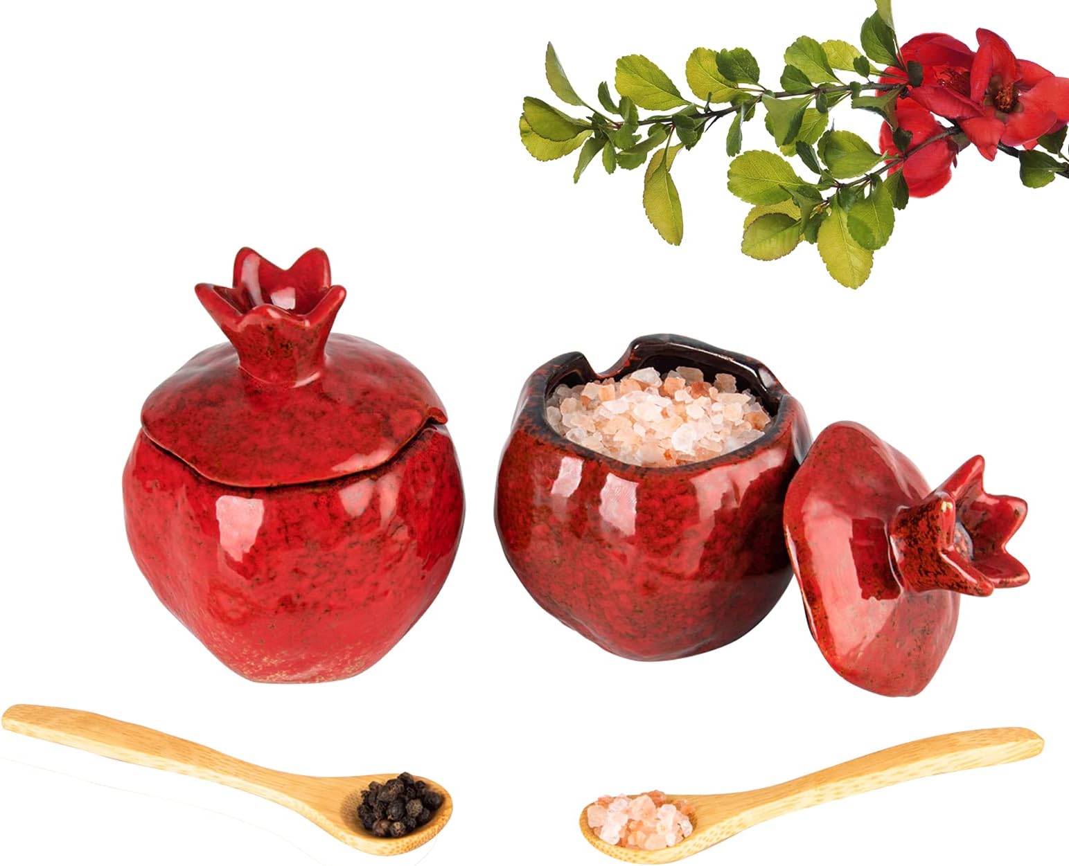 Salt Cellar 2 PCS Ceramic Pomegranate Shaped Salt Bowl With Lid and Spoon