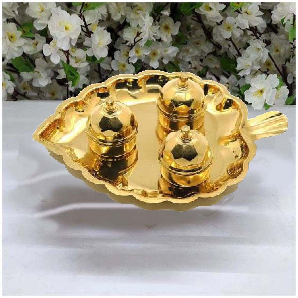 Effigy onlinehub Brass Leaf Shaped Karanda Puja Rituals Roli Chawal Akshat Dibbi Chandan Chopala Elaichi Mishri Haldi Kumkum Mug Holderfor Home Temple,Gold Color (B0B9HLNBNW) Amazon Price History, Amazon Price Tracker