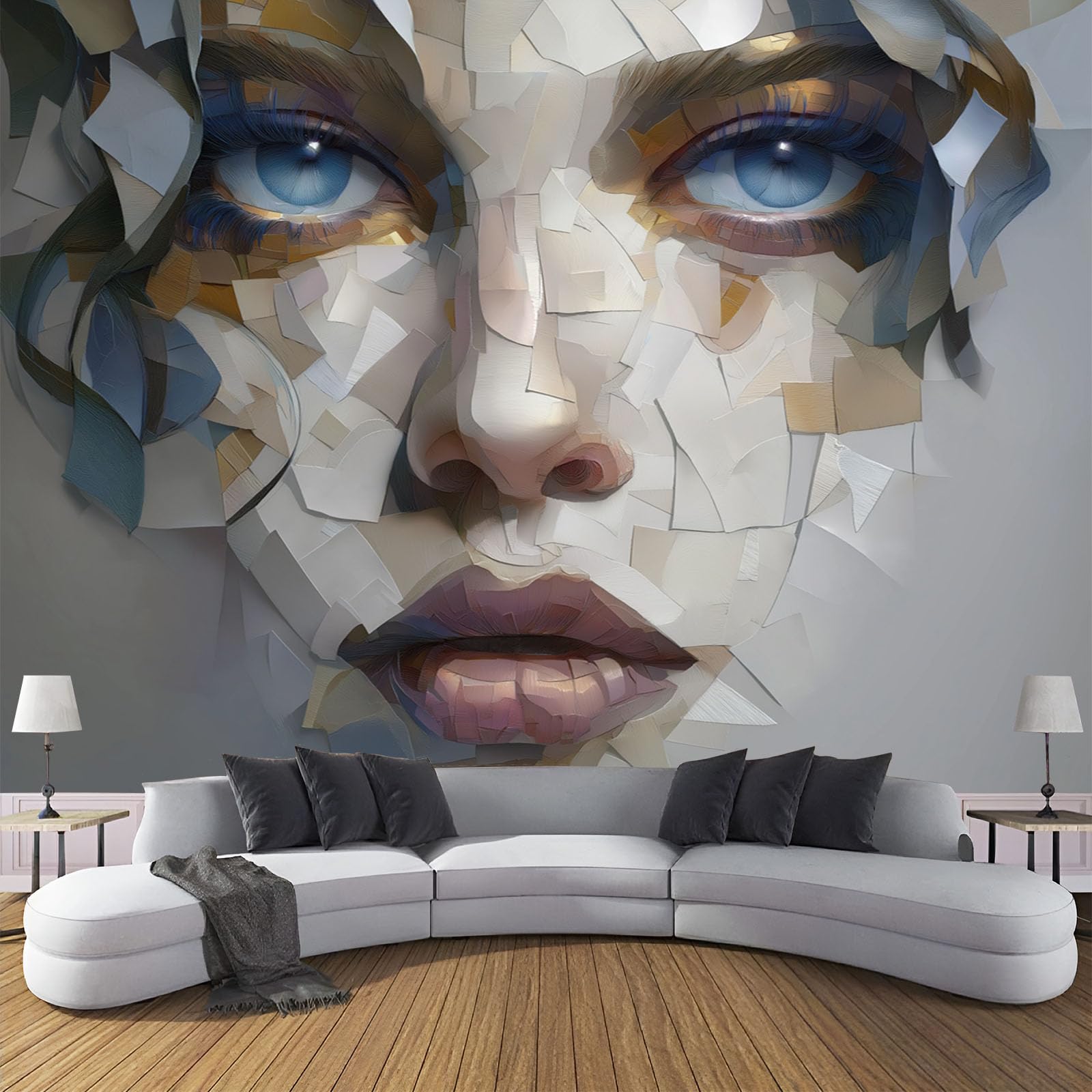 Papier peint panoramique 3D soie 300 x 210 cm art du visage décoration salon