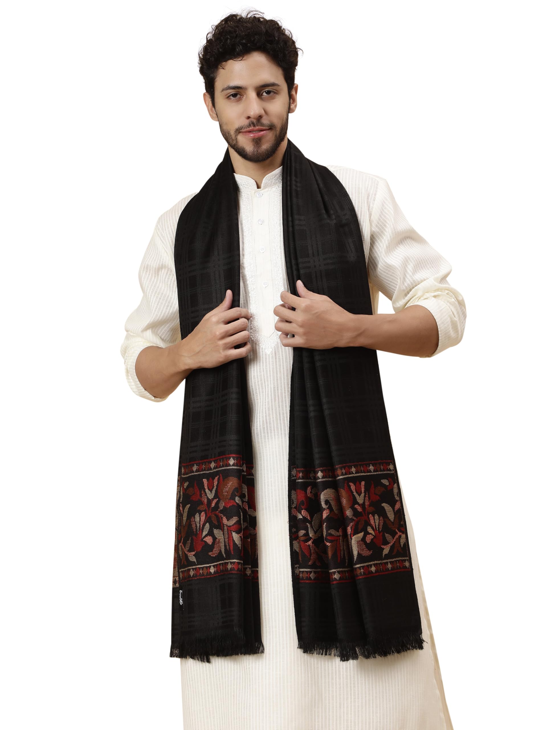 Men’s Ethnic Black Shawl/Stole for Winters, Self Design Check with Floral Palla (40 x 80 Inches)