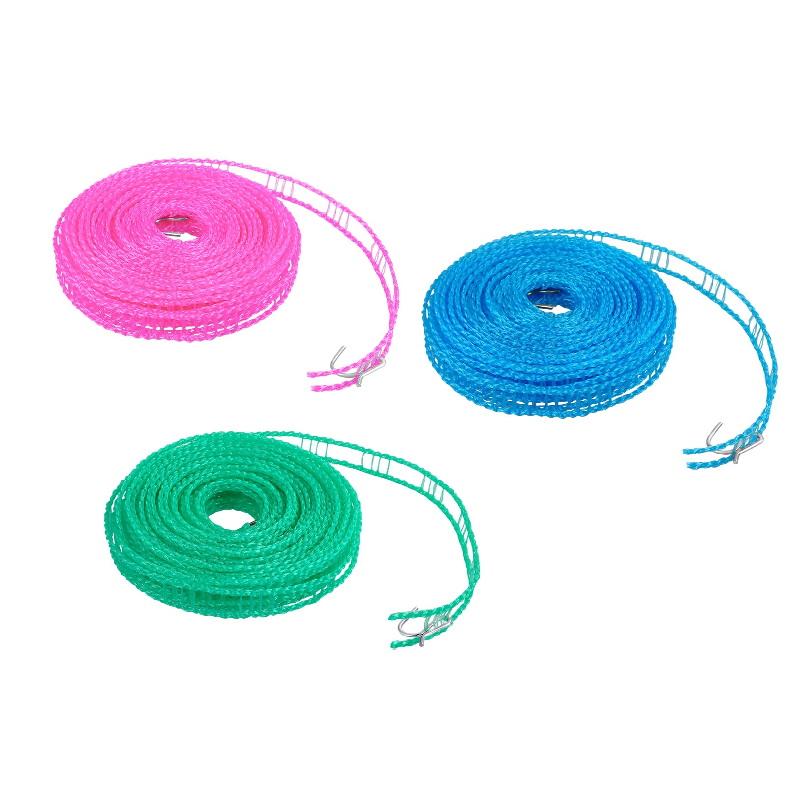 FuninCrea Washing Line 8m, Non-slip and Windproof Clothes Line, Portable Washing Line with 2pcs Stainless Hooks, Fence-Like Rope WashingLine for Indoor Outdoor Camping Traveling (Pink+Blue+Green)
