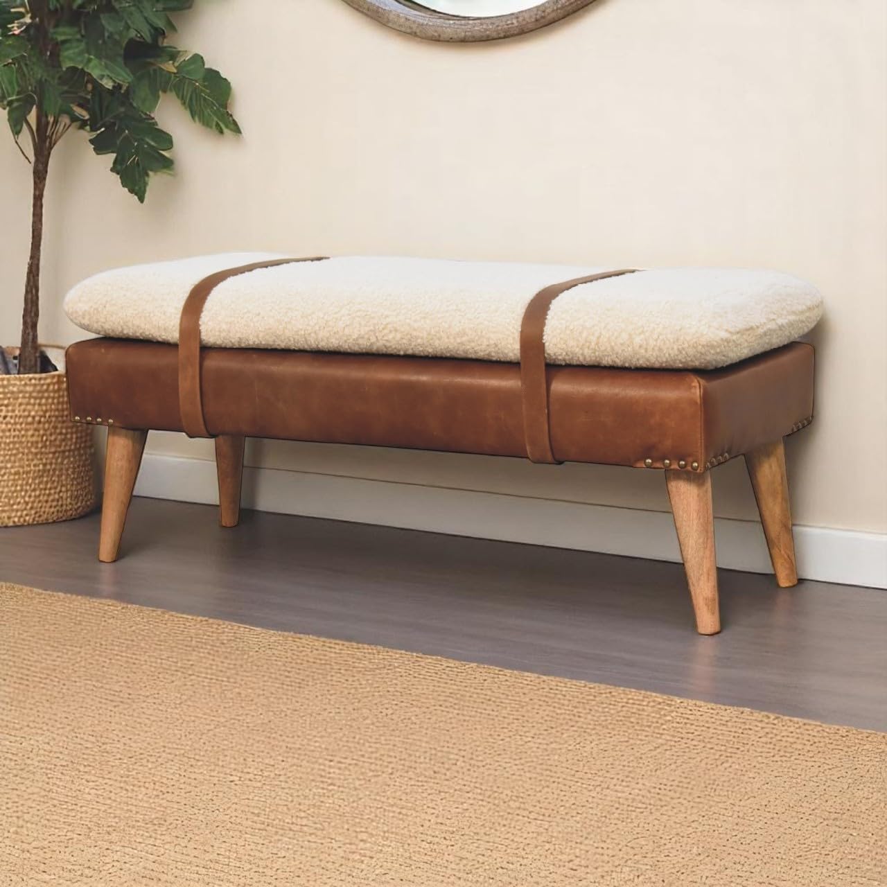 Buffalo Hide Leather Bench Chestnut - Wood Frame Upholstered Bench for Entryway Living Room Bedroom, Timeless Elegant Design with Clean Lines, Versatile Home Accent