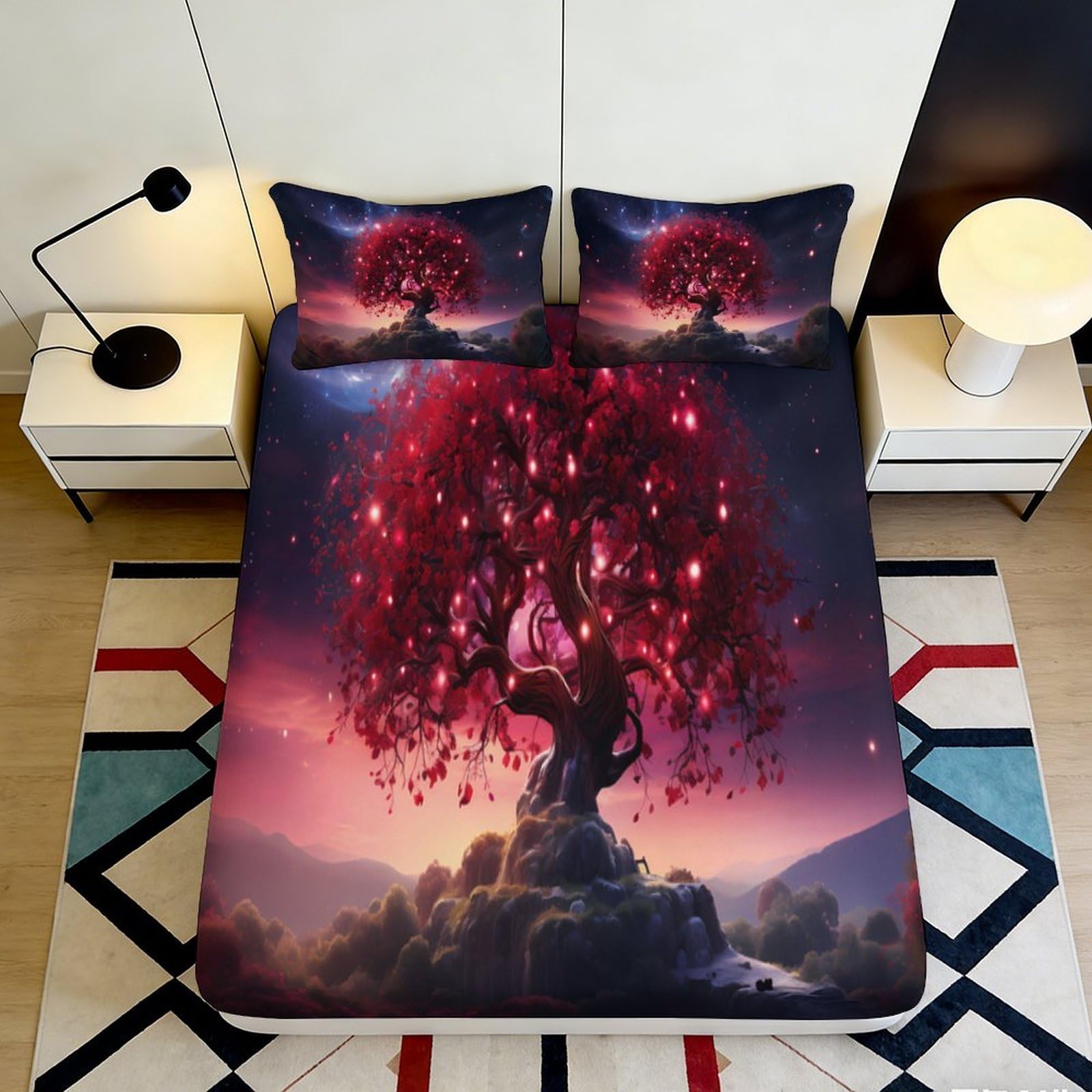 3D Printed Fantasy Red Tree Fitted Sheet Microfiber Anti-Slip Artistic Bed Cover for Bedroom Guest Room Easy Care 90x200x25cm