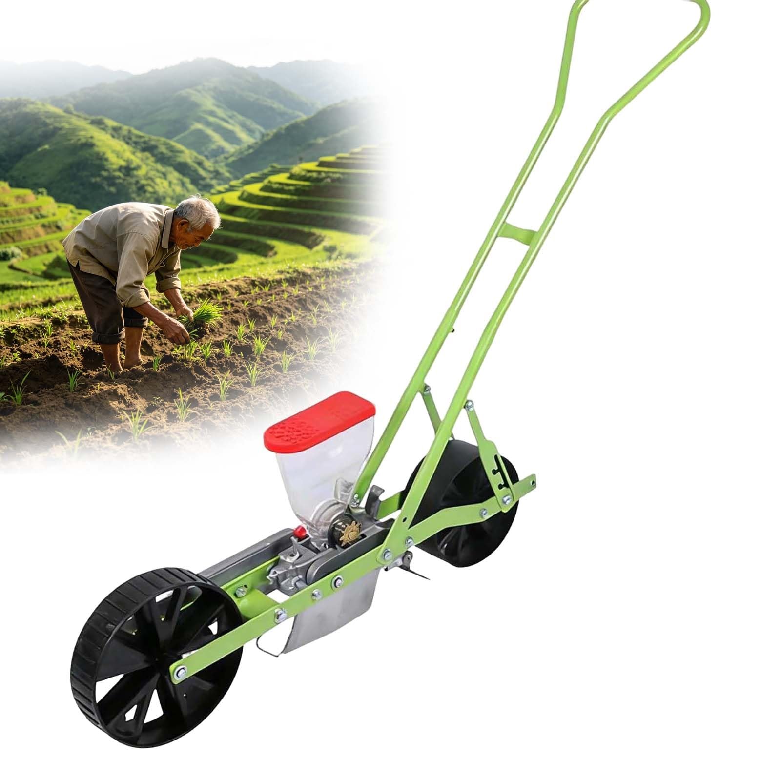 Seminatrice manuale per ortaggi, seminatrice manuale da giardino a spinta con interfila regolabile. Disponibile nelle configurazioni a 1/2/3/4/5/6 file, adatta per semi di mais e soia.(1row)