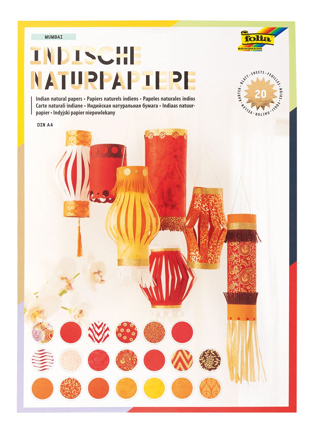 folia 550402 Creative Pad Colours of India Mumbai, Handmade Paper, 20 Sheets Assorted in and Designs, DIN A4 - Ideal for Greeting Cards, Scrapbooking and Elegant Crafts