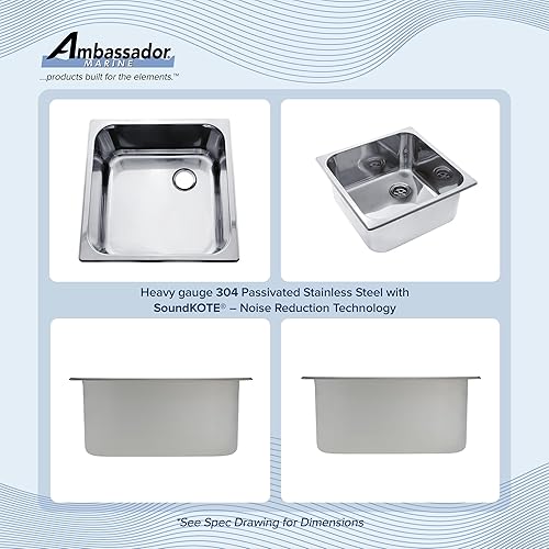 Miniatura 2 de AMBASSADOR MARINE GRADE - Fregadero rectangular de acero inoxidable 304  ultraespejo, 14-12 pulgadas x 14-12 pulgadas x 6 pulgadas de profundidad