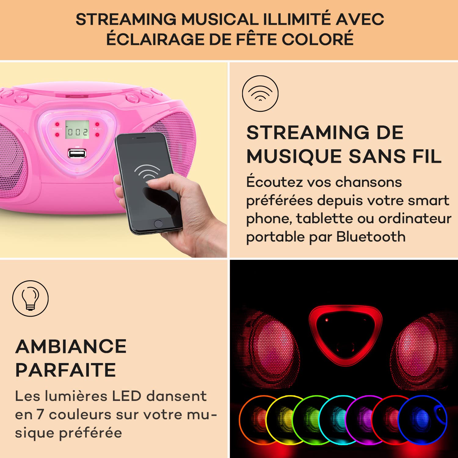 Auna Roadie - Radio-CD , Chaîne stéréo , Boombox , Lecteur CD , Port USB , MP3 , Tuner radio AM/FM , Bluetooth 2.1/EDR , Entrée RCA-AUX-jack 3,5 mm , Éclairage LED multicolore , 2x1,5W (RMS) , Rose