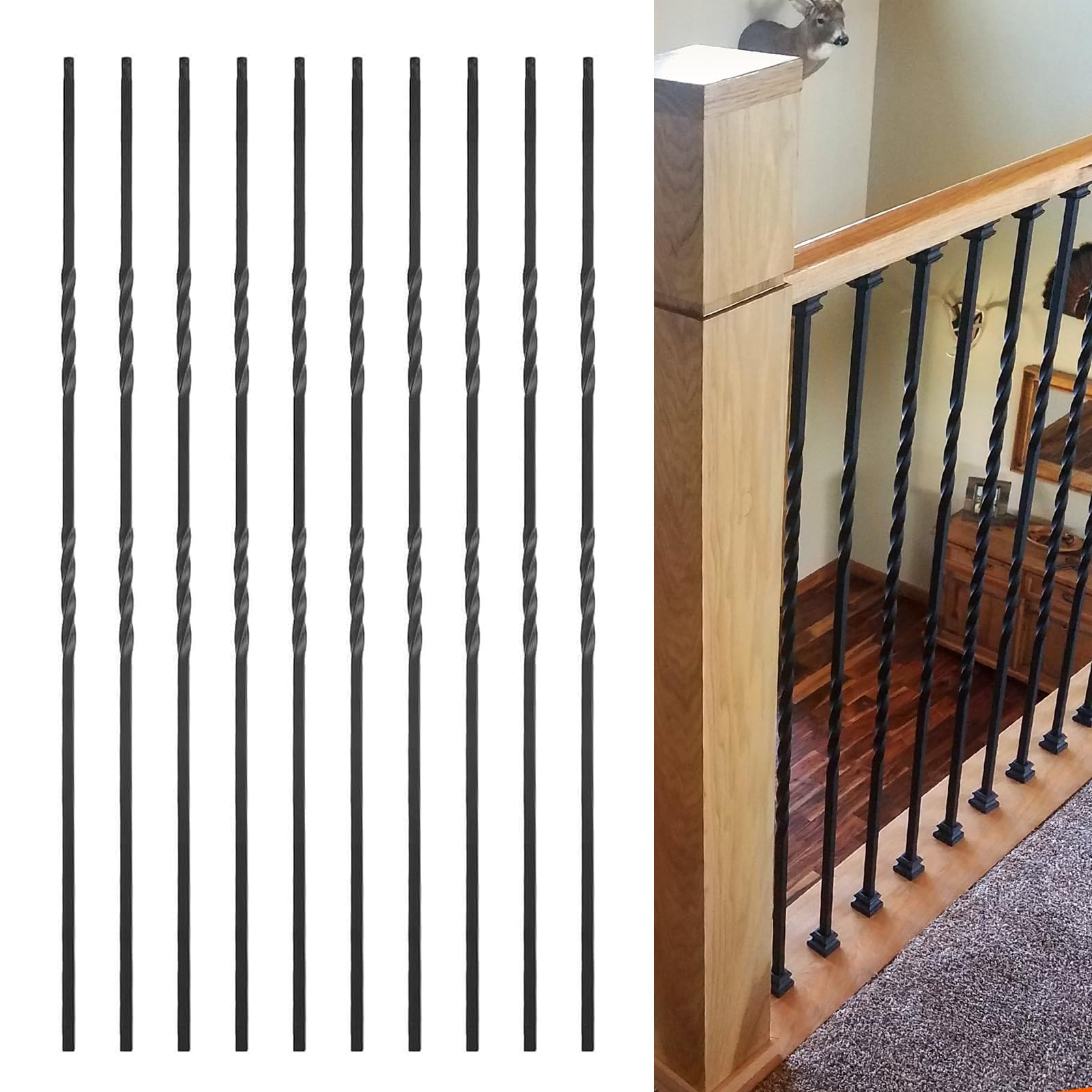 DEVALLEY Wrought Iron Balusters (Set of 10),Hollow Double-Spiral Twist Stair Spindles,Decorative Metal Balusters Spindles for Decks,1/2 inch Stair Railing,Satin Black Metal Railing - D05