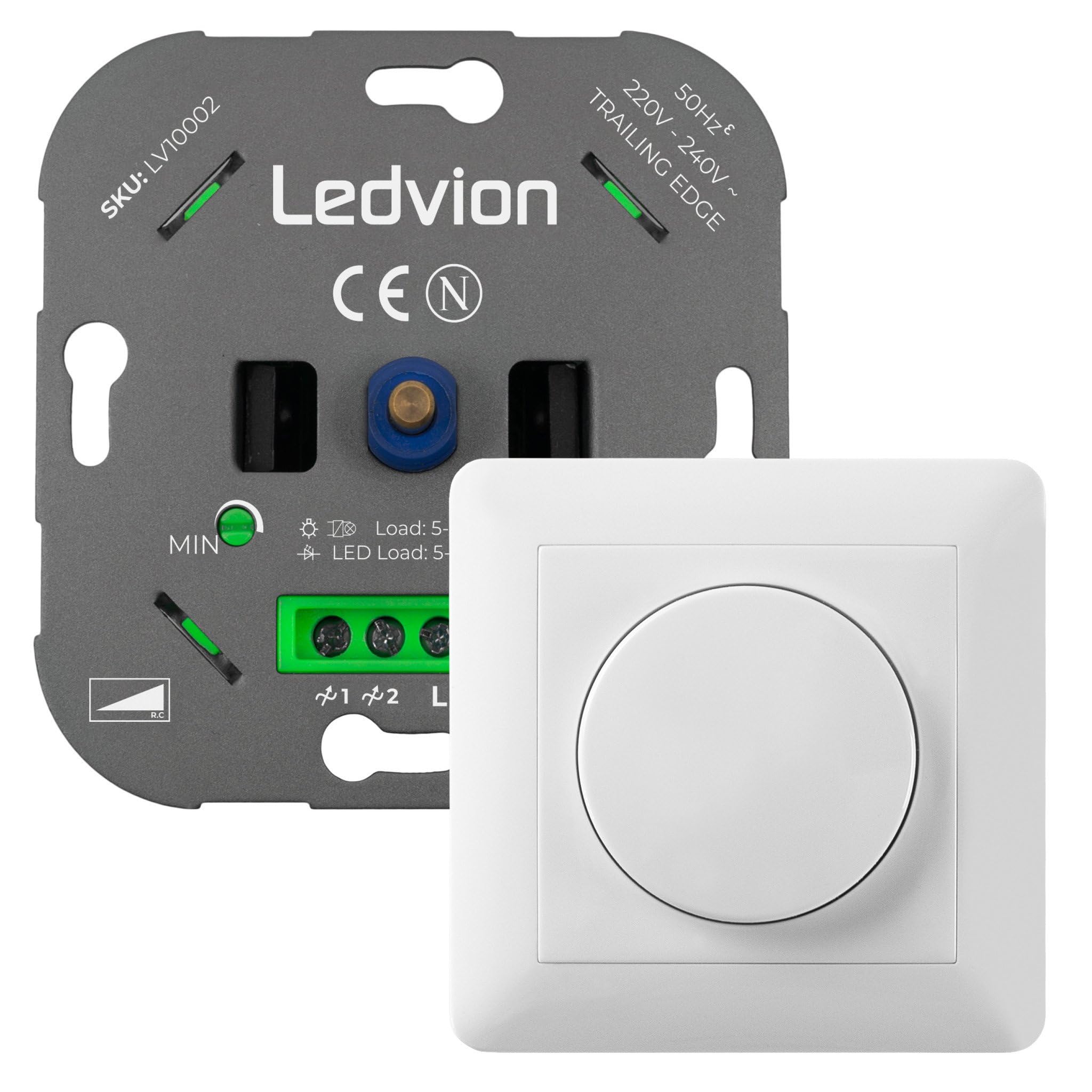 Ledvion - Variateur de Lumiere LED, LED Dimmables 5–600W / Halogène 10–600W, Couverture Blanche, à Découpage de Phase, Variateur Rotatif Encastré, Interrupteur Variateur LED