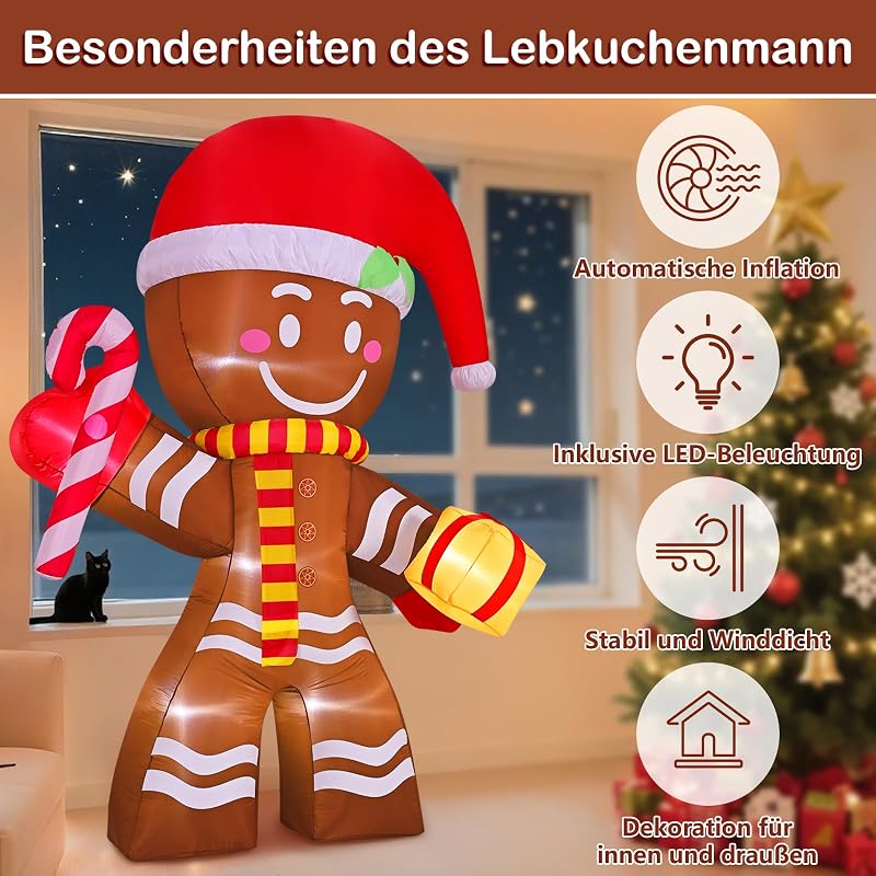 Livofloral Felfújható Mézeskalács Figura 240 cm LED Világítással - Karácsonyi Dekoráció Kültéri Kerti Téli Dísz