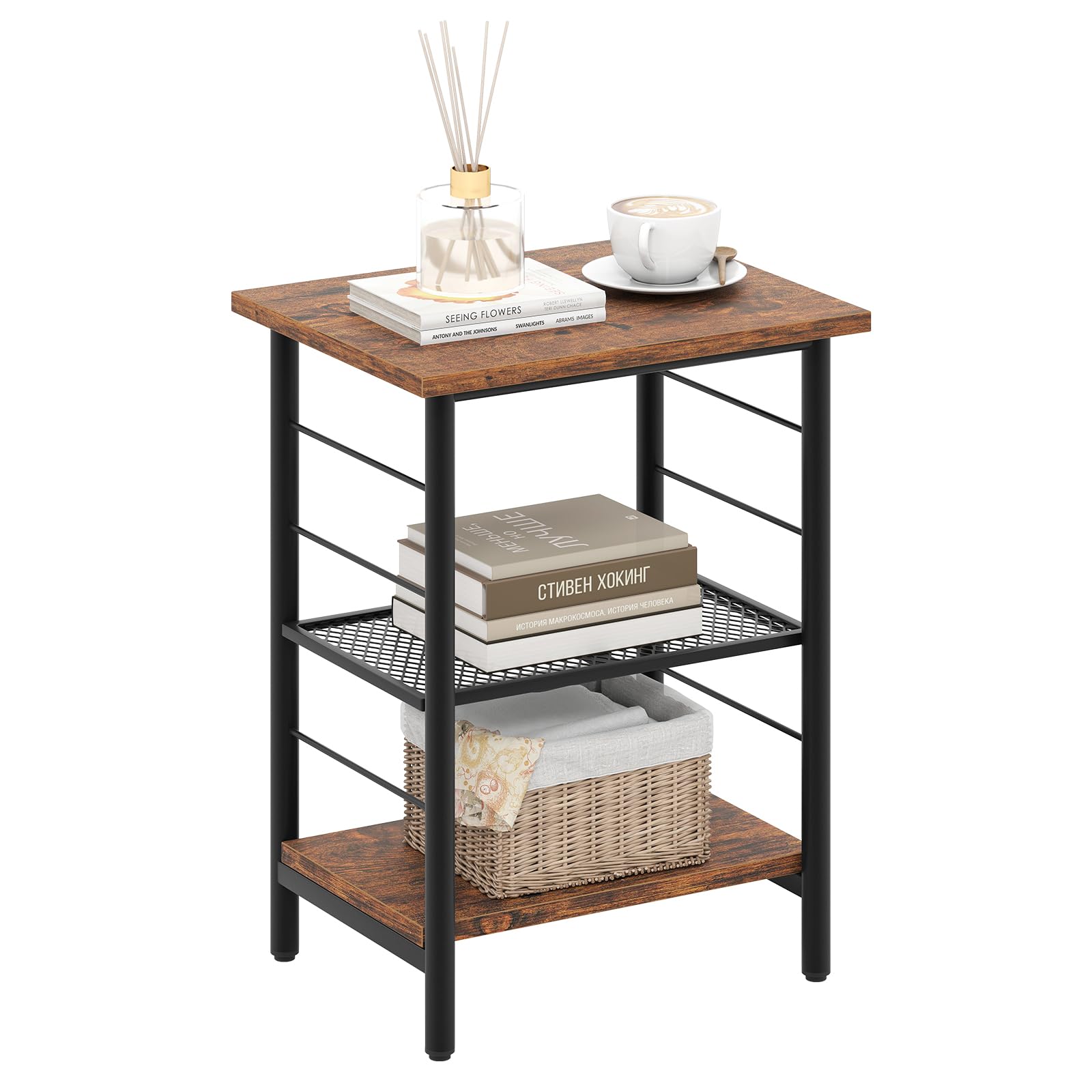 GOFLAME 3-Tier Sofa Side Table, Narrow End Table with Adjustable & Removable Mesh Metal Shelf, Industrial Bedside Table, Small Nightstand for Living