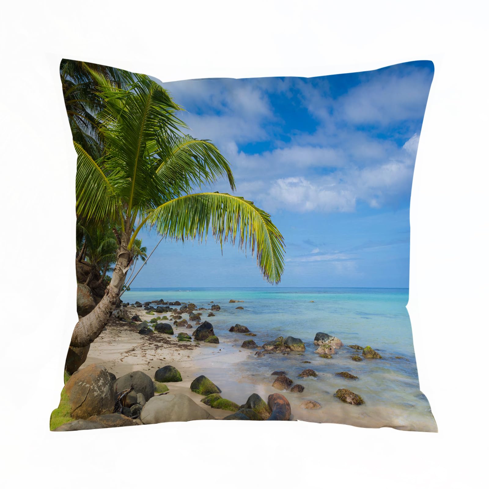 ERRTU Throw Pillow Case Pillowcase Square Printed Cushion Cover for Living Room Sofa Couch Bed Car,Seaside Decor,Romantic Beach Tranquil Scene Palm Trees Caribbean Island Nature Photography,16x16 in