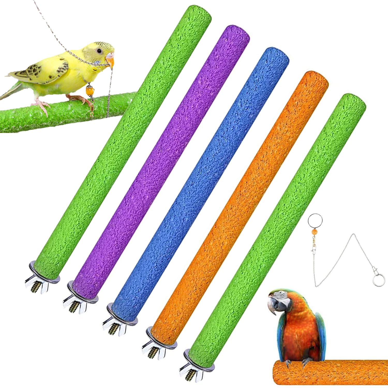 5 Pezzi 20cm Posatoi Pappagalli Giochi Trespoli Naturale Paw Grinding Giocattolo per Pappagalli Uccello Masticare Giocattoli della Viene fornito con un collare per pappagalli, Colore casuale